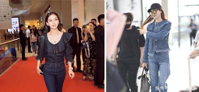 唐嫣和杨颖同穿牛仔套装，一个魅力爆棚，一个颇有女强人的风范！