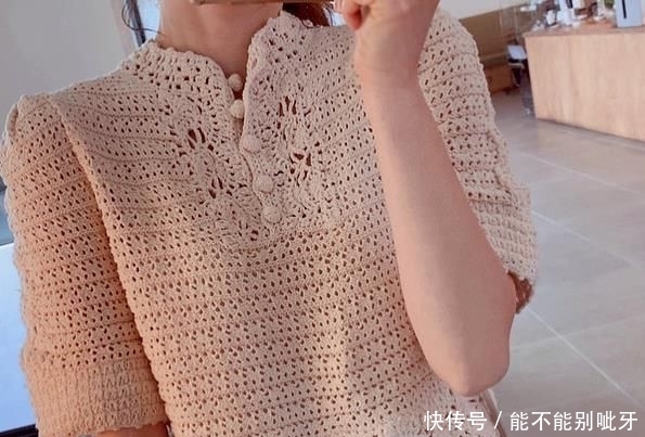 『短袖』女士淑女风格钩针圆肩短袖开衫