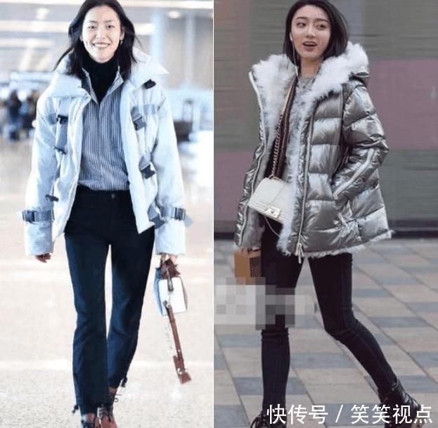  显得：女人身高低于155cm, 冬天穿羽绒服时，建议搭配3双鞋，显高又时髦