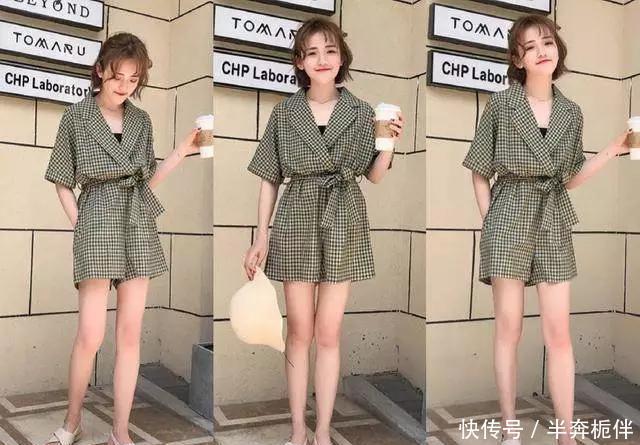  格子■夏季，适合小个子穿的格子连体短裤，穿上轻松显高很清凉