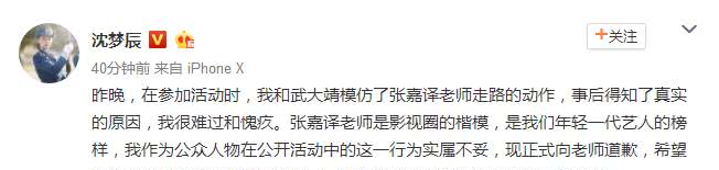 沈梦辰致歉模仿张嘉译，网友不买账拿伤病开玩笑不该道歉吗
