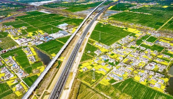 航拍连淮扬镇铁路，像一条巨龙横卧在花海中