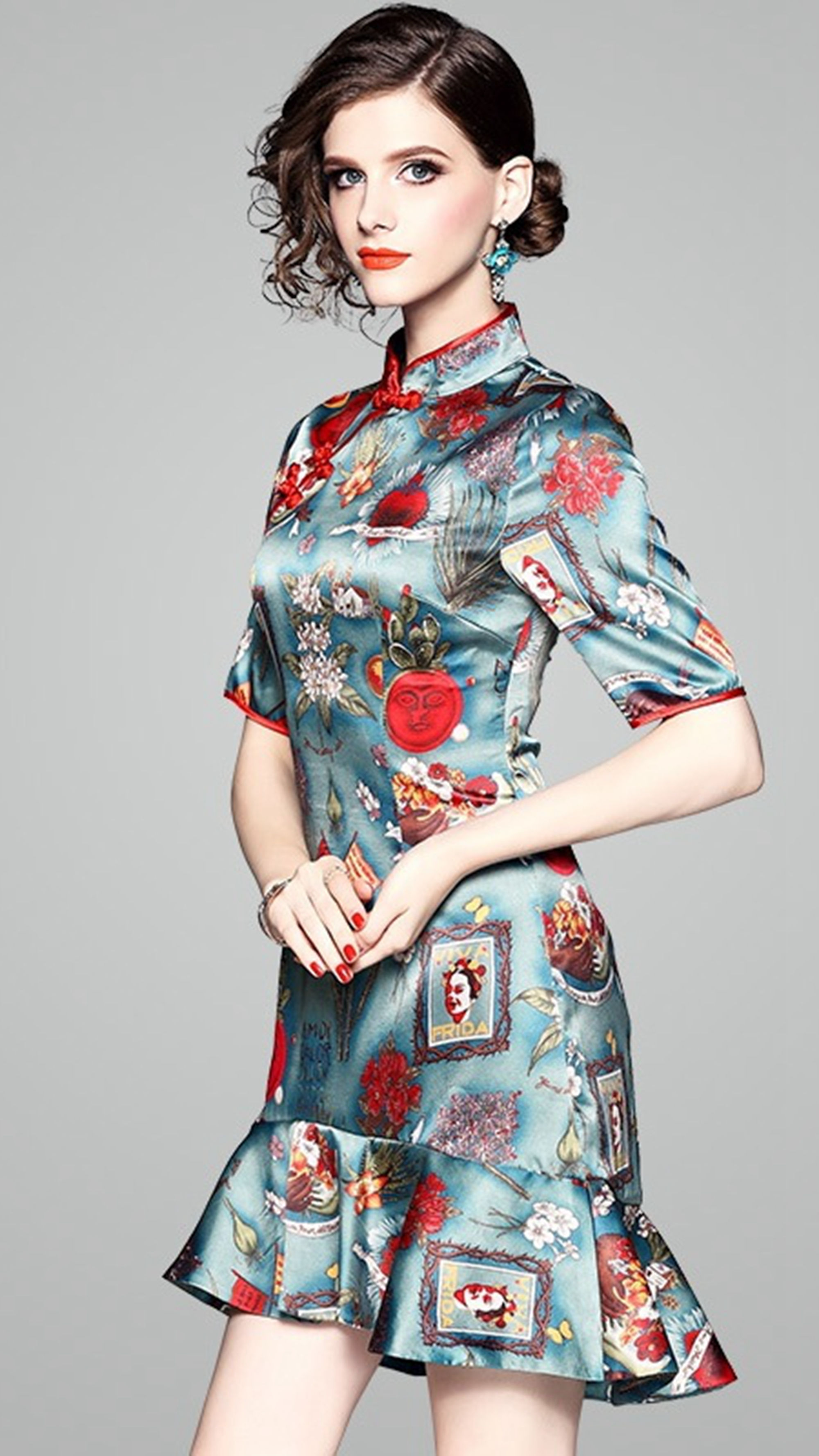 夏季新款改良旗袍连衣裙，荷叶边裙摆，修身显瘦，气质淑女