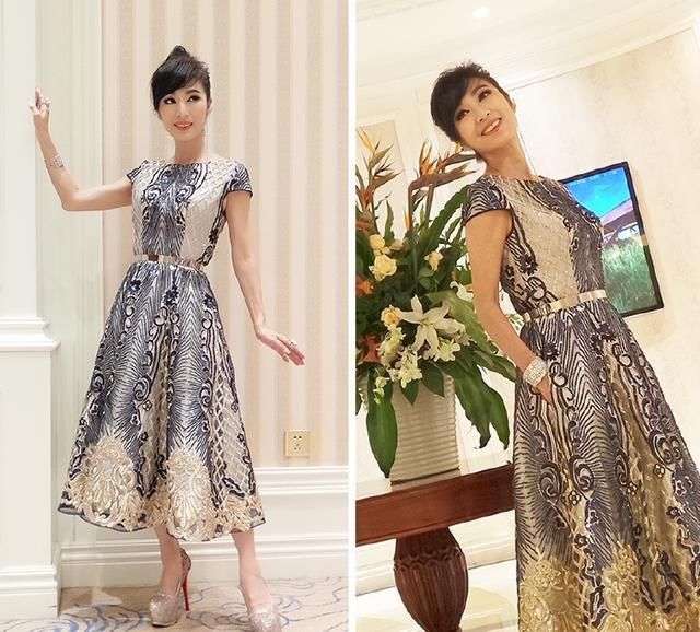 被米雪给惊艳到了！一袭印花长裙配丸子头，完全看不出63岁了！