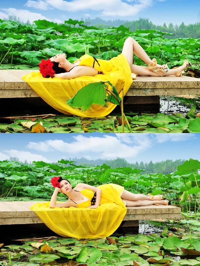 芙蓉姐近照曝光，穿黄色深V裙女人味十足，网友：这下红黄绿齐了