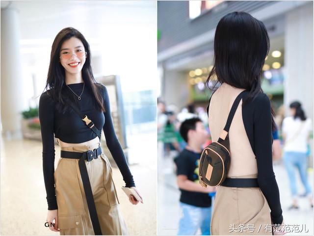奚梦瑶太疯狂了，只穿“半件”黑色T就出门，网友：掉下来咋办？