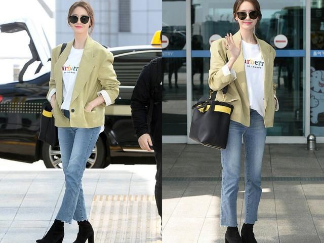 允儿粉色衬衣配牛仔女神范十足，却被鞋子抢镜，网友:鞋品堪忧!