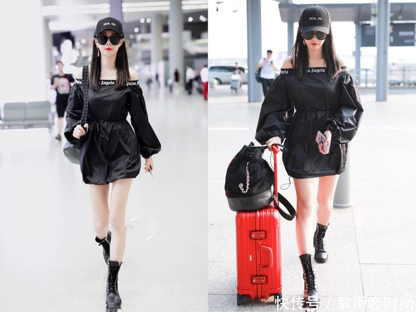 沈梦辰穿件塑料裙去机场,大长腿依旧还在,就是上身也太紧了吧?