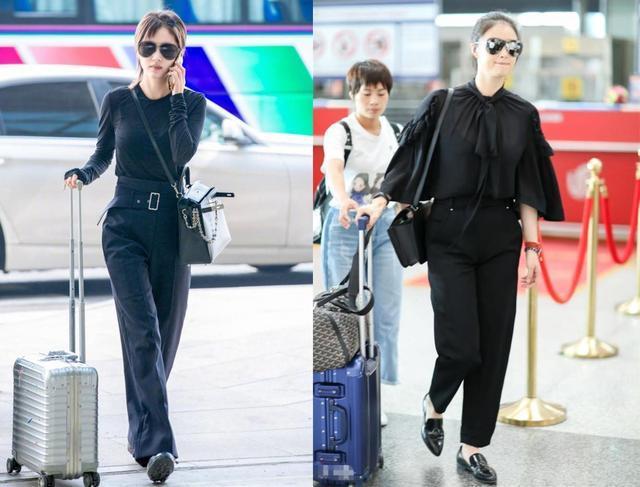 162王子文和171蒋欣，机场同穿一身黑，一个超模一个路人