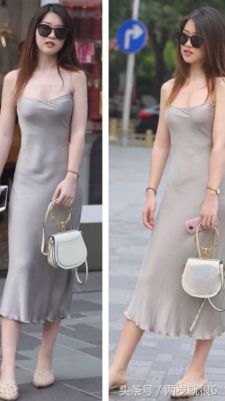 性感街拍丨银色薄纱裙，好身材皮肤白