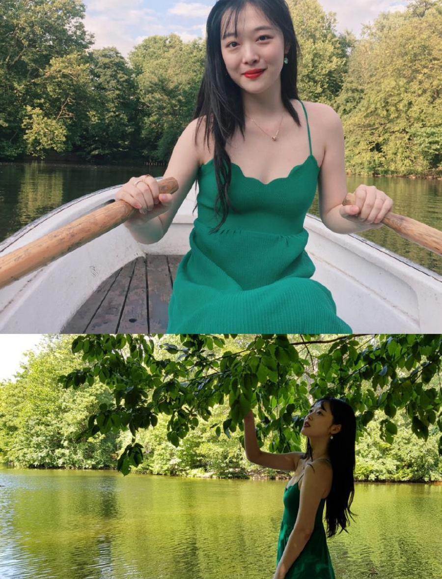 沈月撞上崔雪莉, 穿长裙美似仙女却被肩带出卖, 网友: 没对比就没