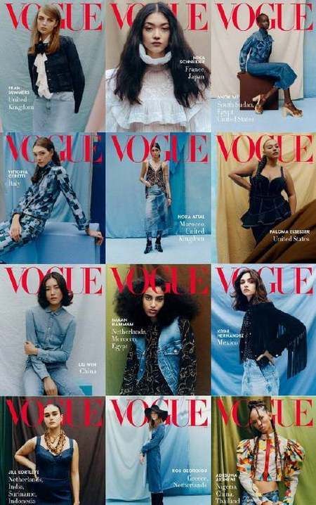  「复古」刘雯美版VOGUE封面，一身蓝色牛仔搭配，复古中分发型，简约飒气