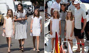 西班牙王后与两女儿低调现身街头，朴素便装难掩时尚魅力！