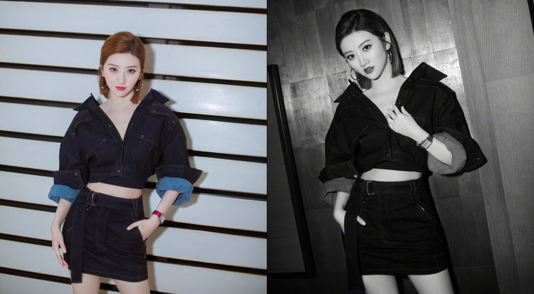 景甜为了美太拼了，牛仔包臀裙炫腹露腿，网友：短发嫩回18岁