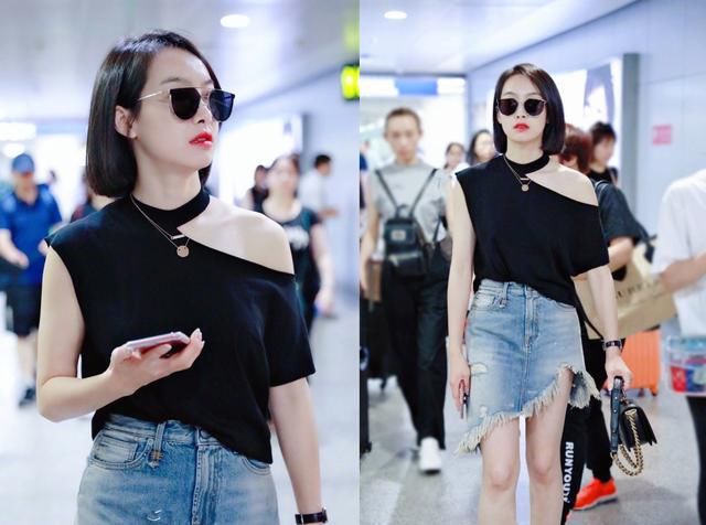 宋茜露肩上衣配牛仔短裙，被橙色口红毁一身，网友：无法直视！