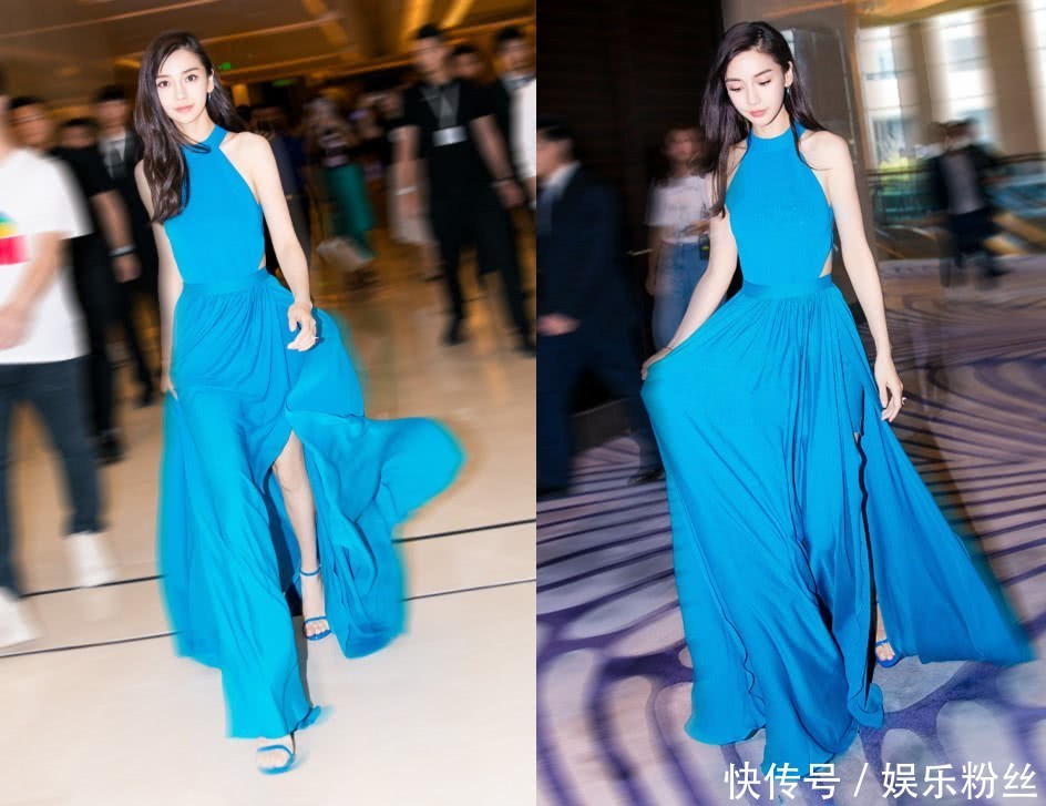 杨颖穿蓝色连衣裙好惊艳，大秀混血美，网友：身材真好！