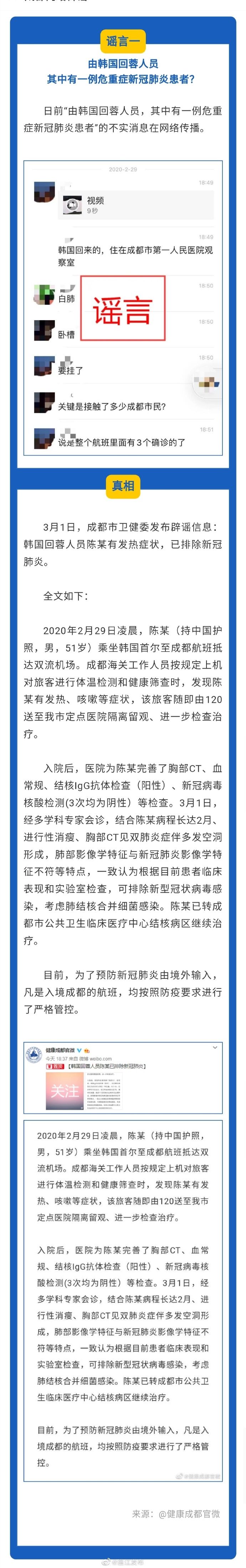 抵蓉■近日由日韩抵蓉人员有新冠肺炎患者？成都市卫健委辟谣