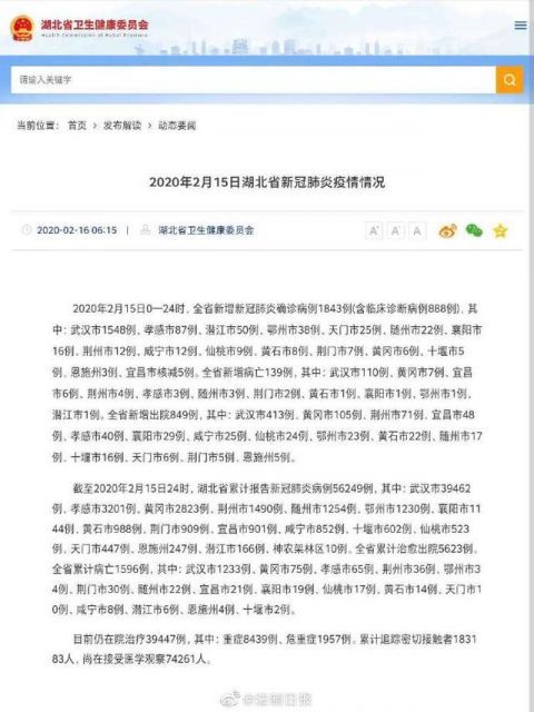  「病例」湖北新增新冠肺炎确诊病例1843例，疑似病例首次未见通