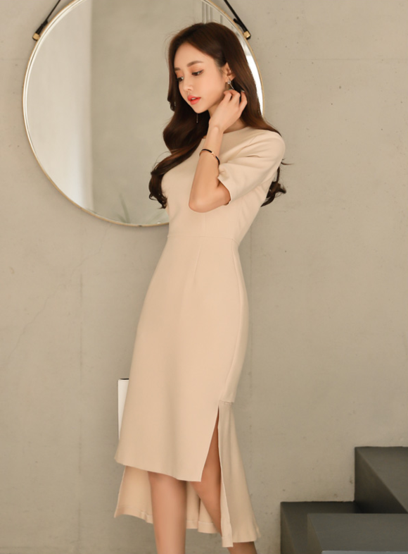 女神孙允珠，淡盐芒果酸橙清雅娇气及膝裙