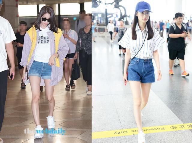 当林允儿和李沁同穿牛仔短裤，终于明白腿长和腿直哪个更重要了！